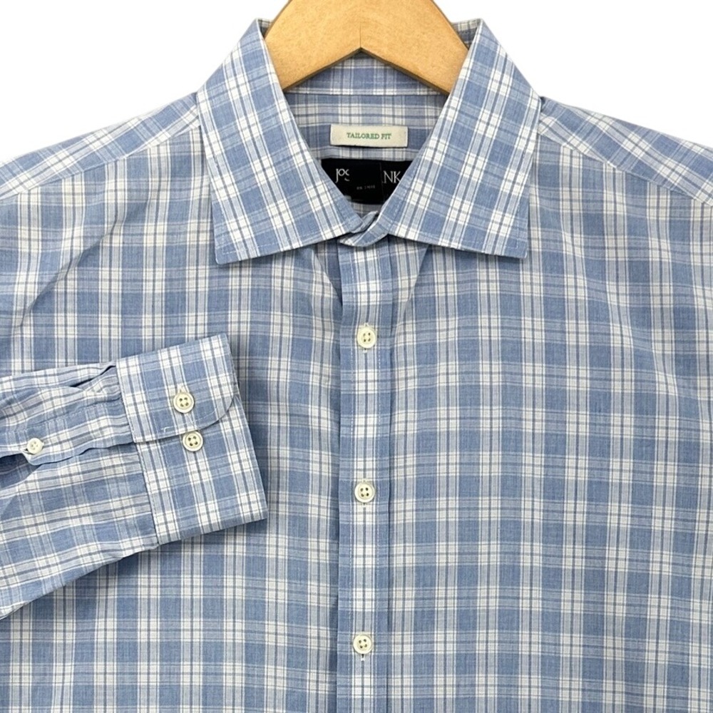 Jos. A. Bank Tailored Fit Plaid Button Down Shirt Blue White Cotton Large Career